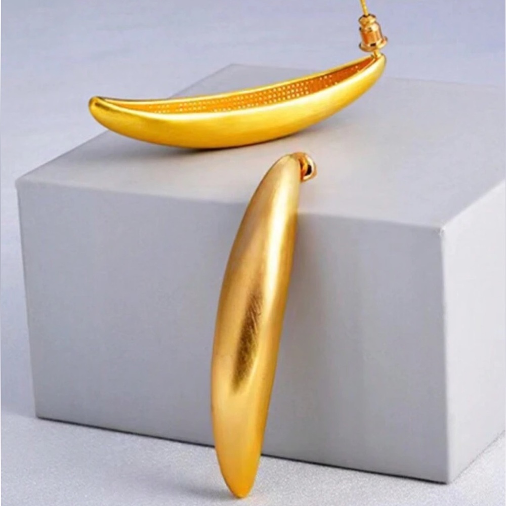 Brushed Gold Sculptural Curved Drop Earrings Minimalist Modernist Statement